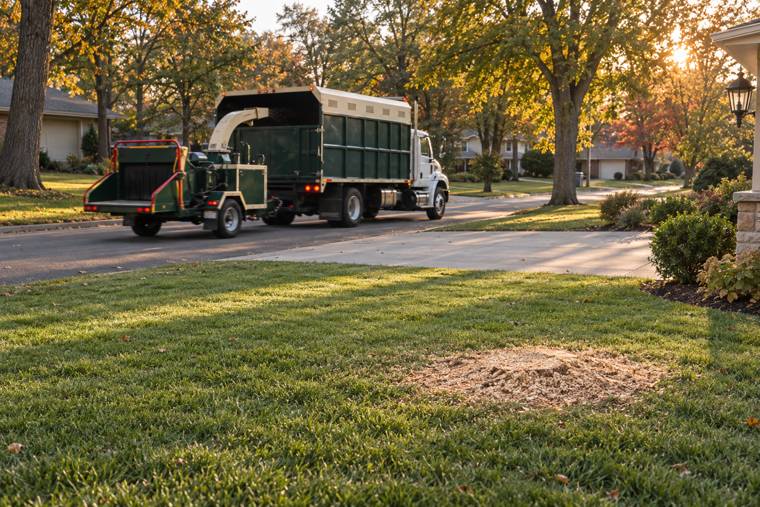 Raked front lawn after a tree removal with a chip truck and chipper pulling away at the curb