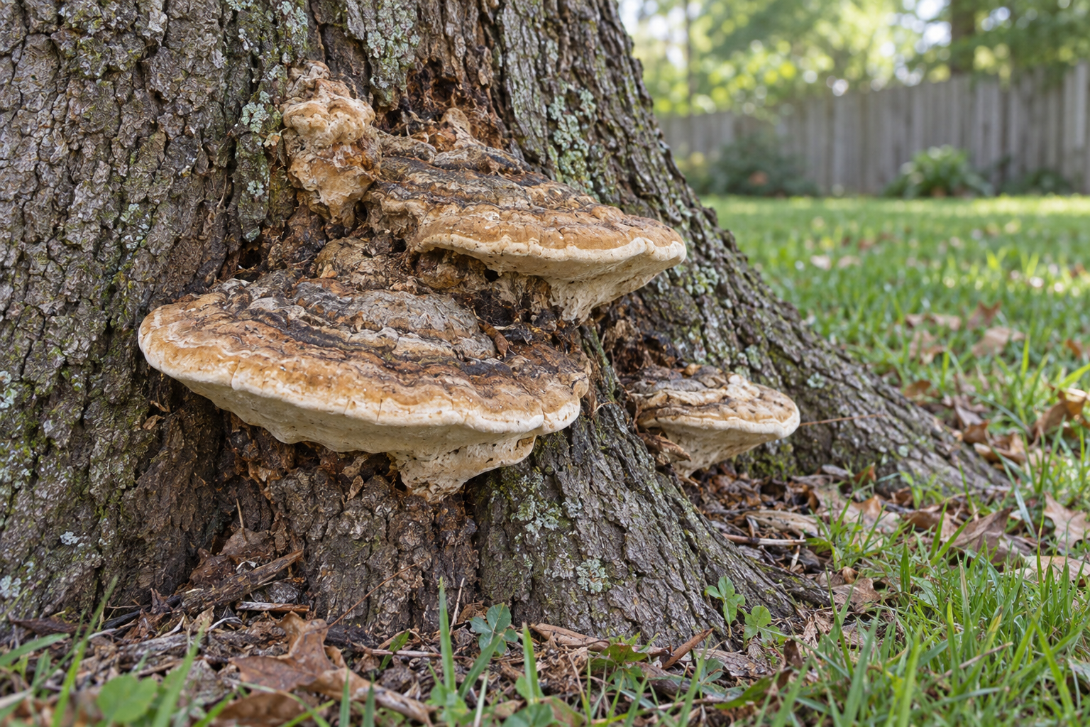 Bracket fungus conks growing from the base of a large tree trunk beside a lawn