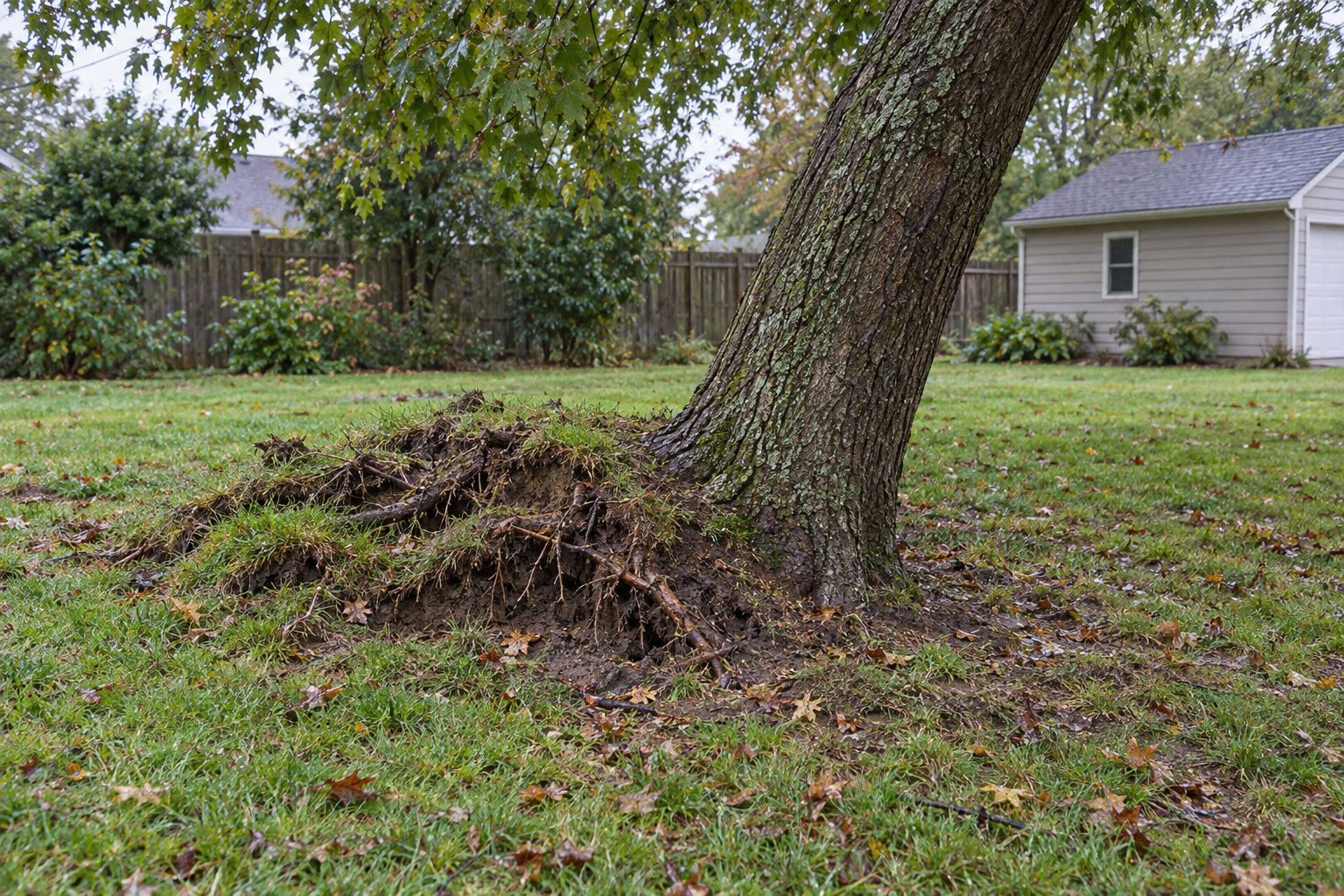 Mature shade tree leaning over a back lawn with soil and roots heaved up on the far side of the trunk
