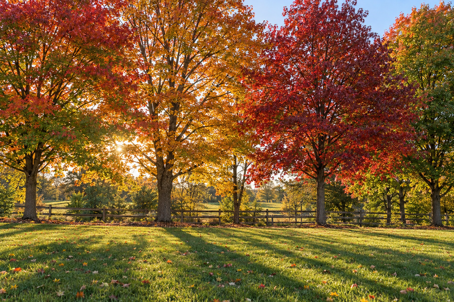 Mature maples and a sweetgum along the back line of a mown suburban lawn in late afternoon light