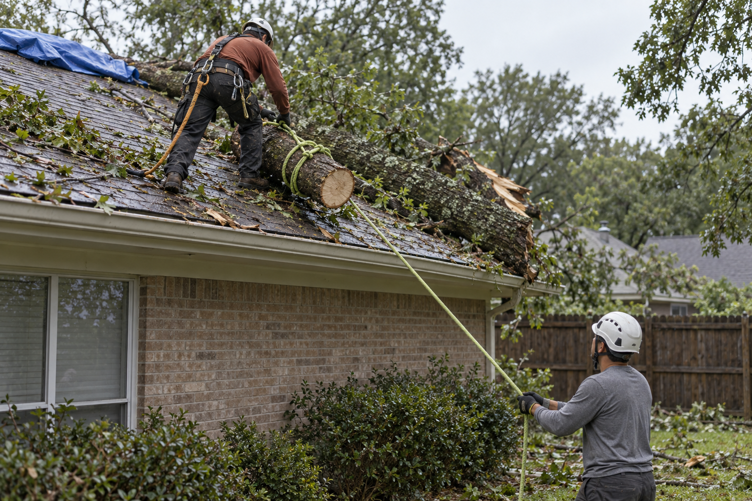 emergency tree service crew cutting a fallen limb off a roof