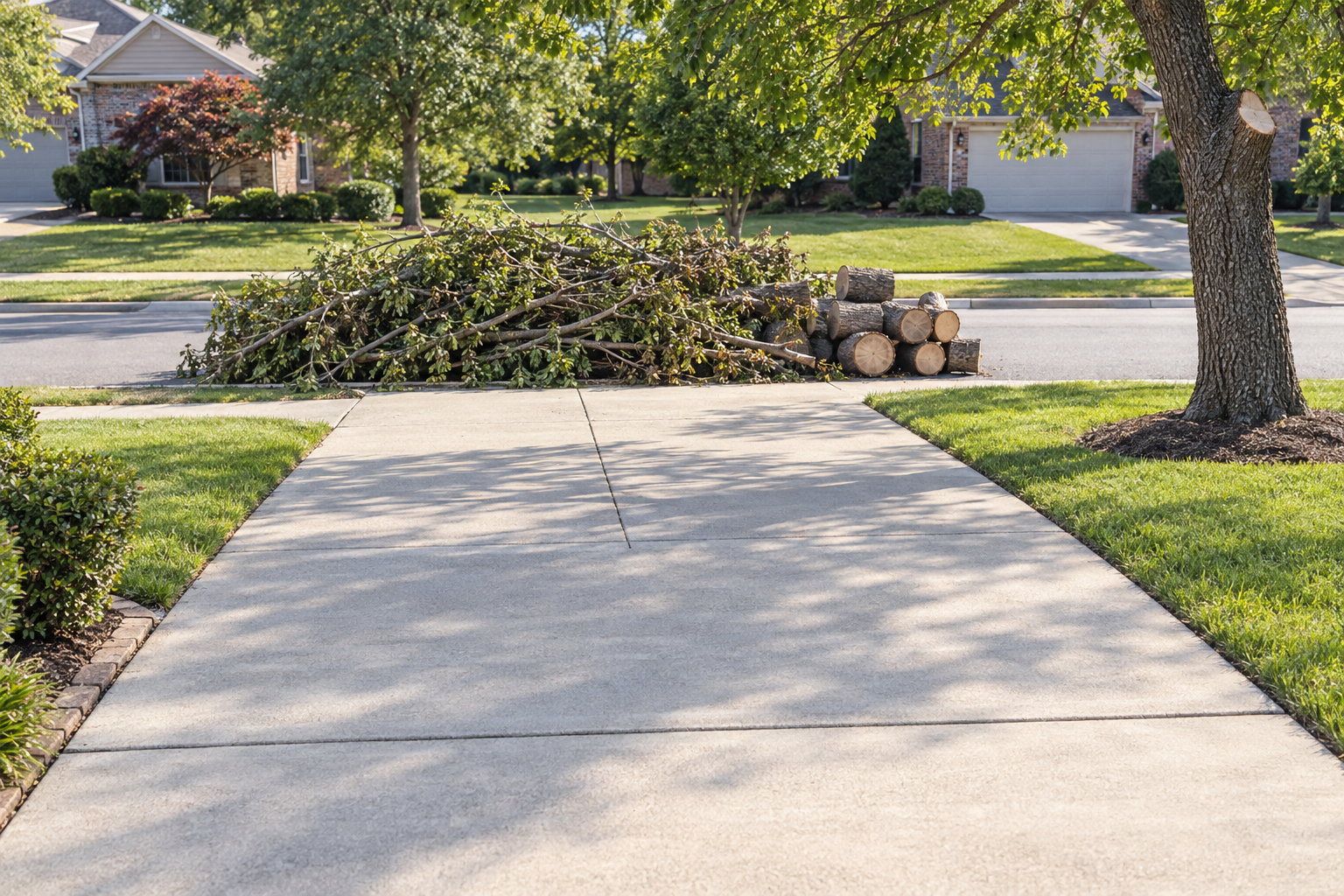 Concrete driveway swept clear after a storm with cut limbs and brush stacked neatly at the curb