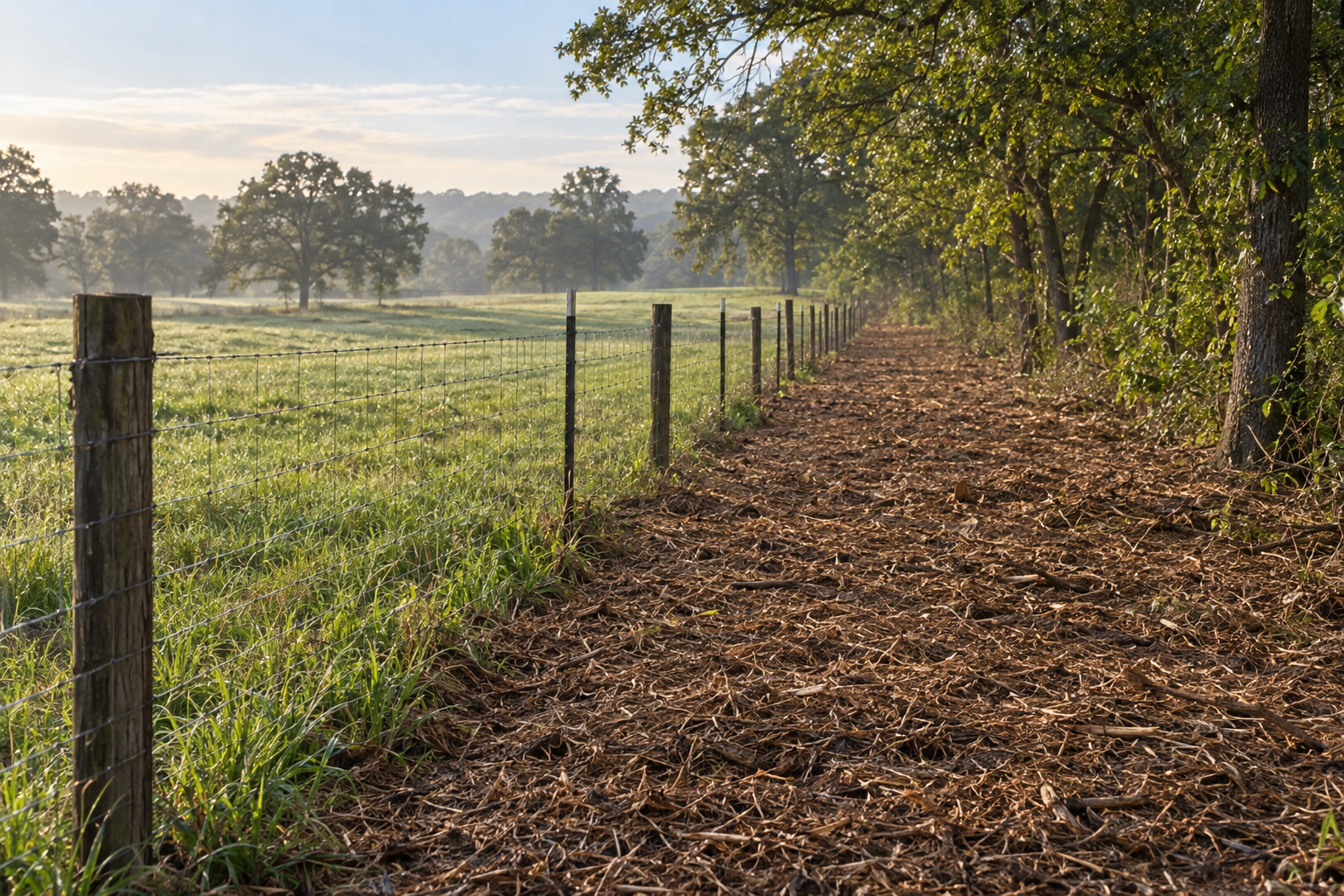 Pasture fence line opened up, the brush along it ground into a band of mulch under the wire