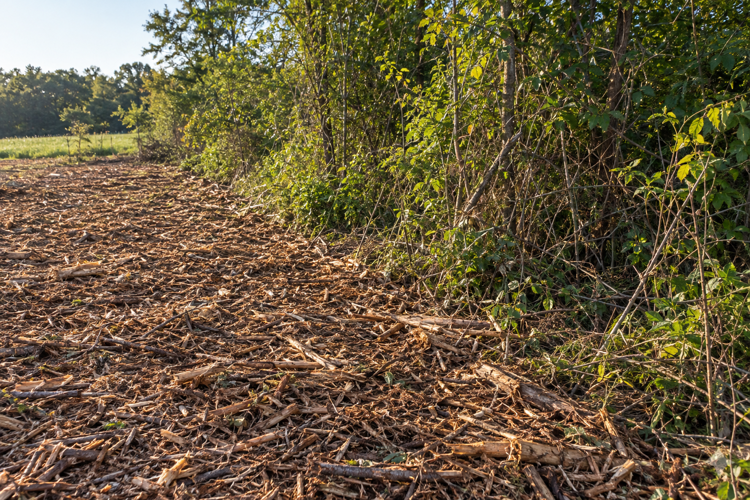 Strip of fresh wood mulch where brush was ground off, with uncut scrub standing beside it