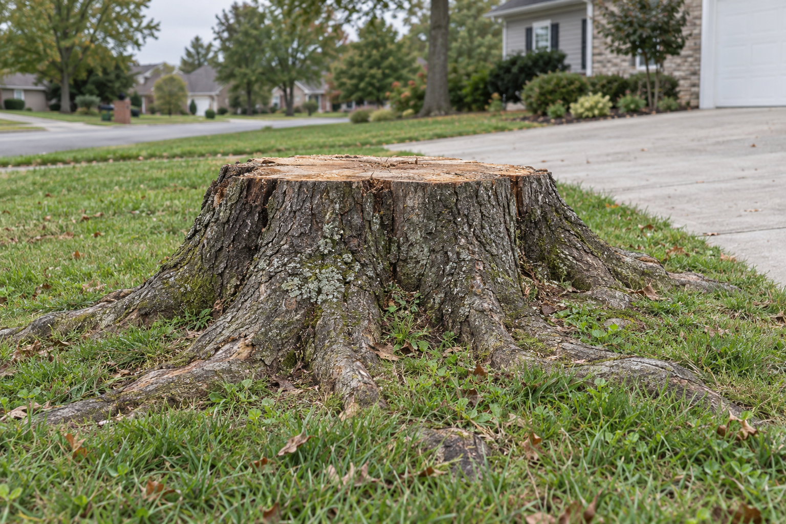 Wide sawn hardwood stump with its roots spreading into a front lawn beside a concrete drive