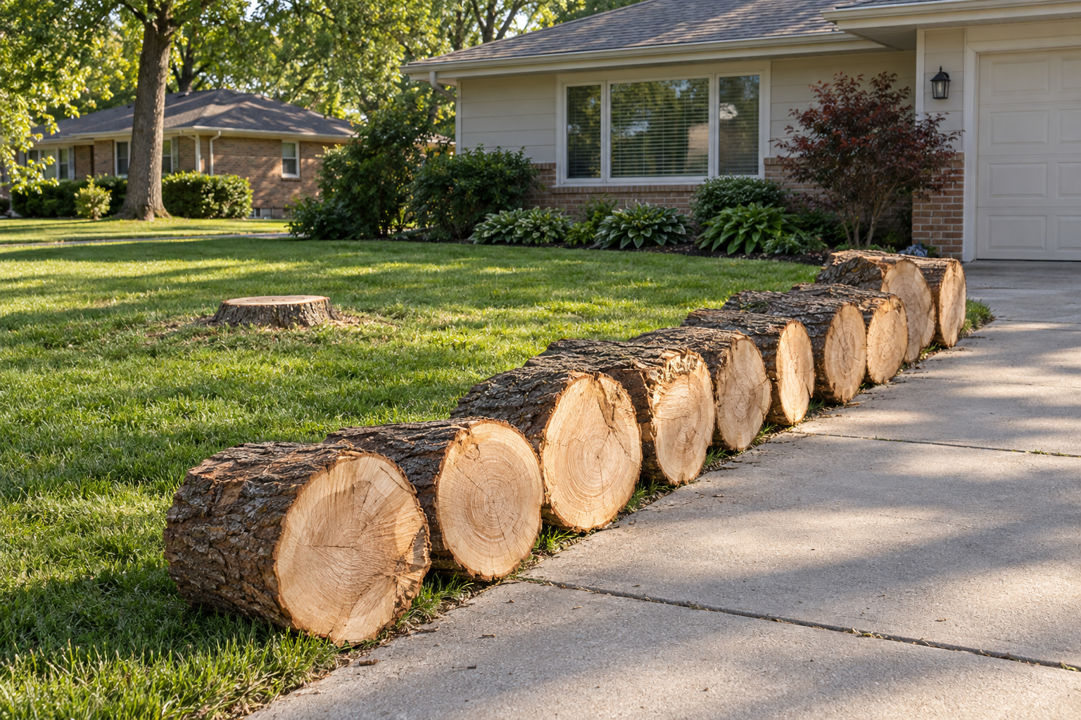 Fresh-cut trunk rounds stacked beside a concrete driveway with the lawn raked clean around a low cut stump