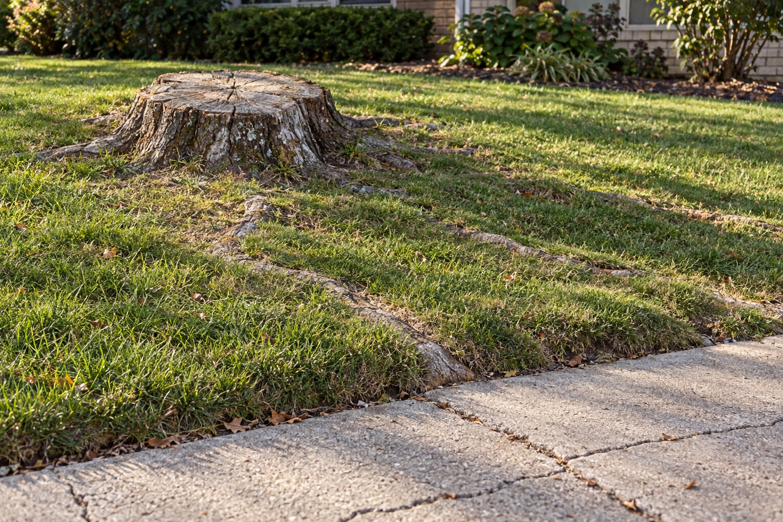 Weathered old hardwood stump with thick surface roots ridging the lawn beside a concrete front walk