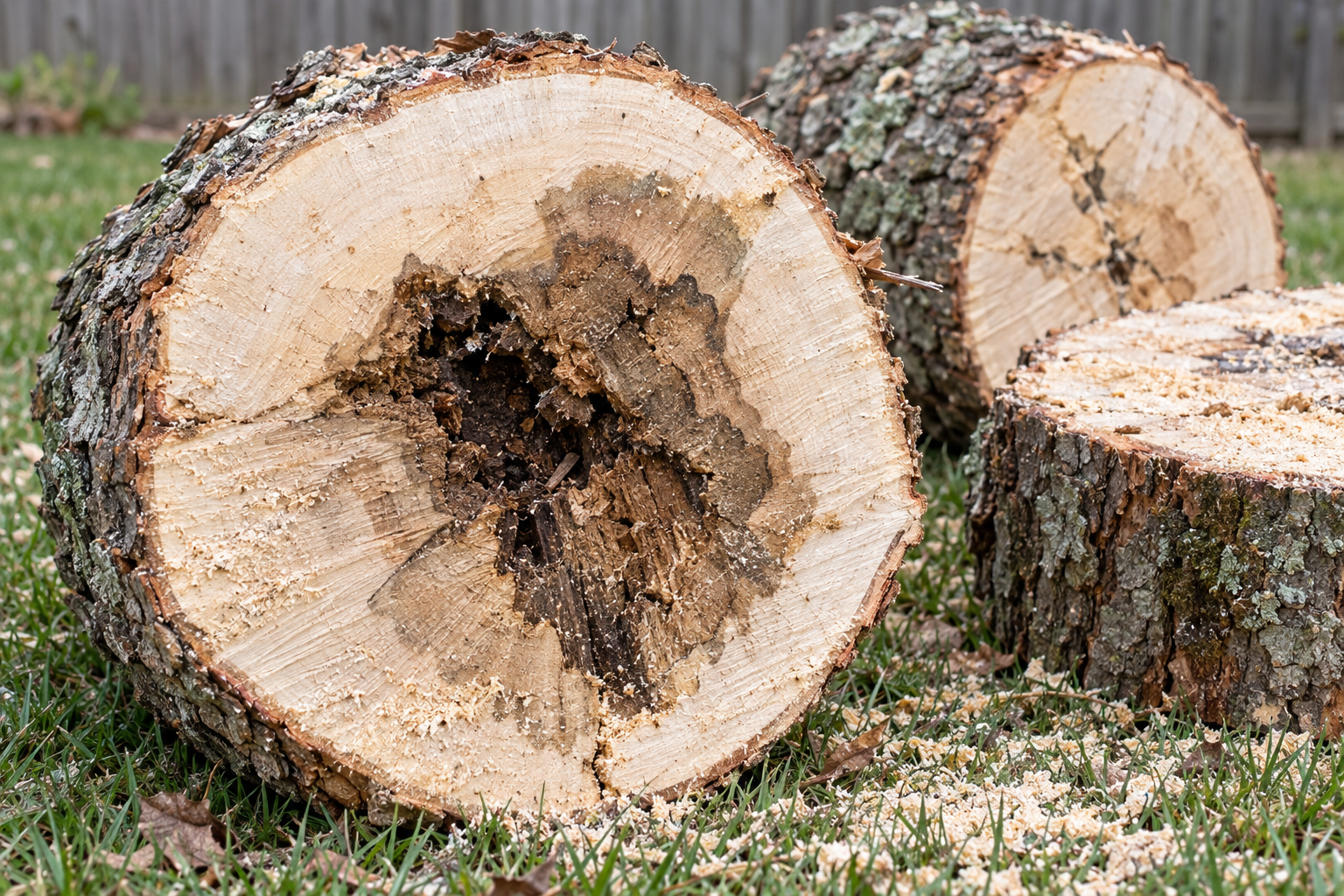 Fresh-cut maple trunk rounds on a lawn, one showing a dark ring of heart rot