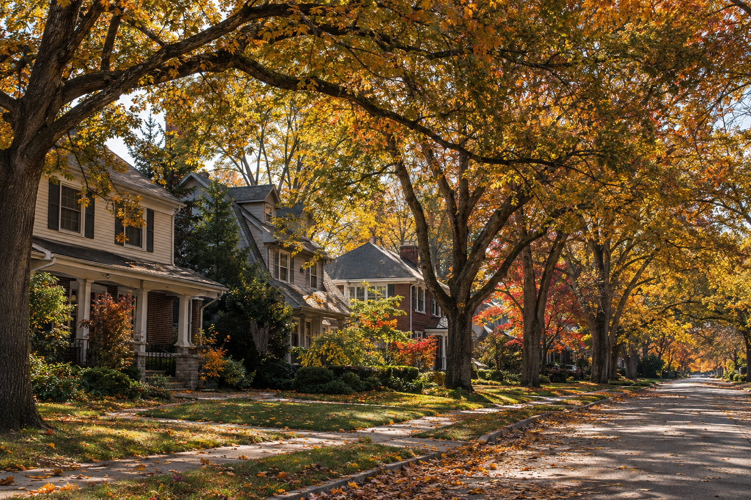 Older two-story houses under a mature autumn canopy, leaves turning on the street trees