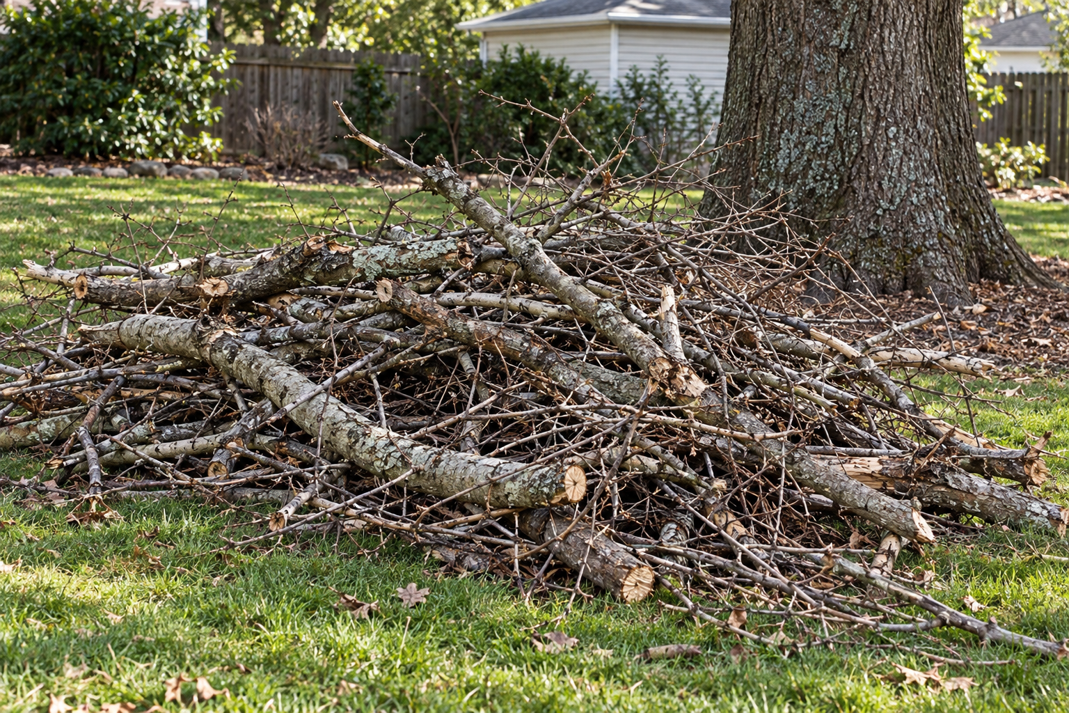 Dead limbs cut from a tree canopy piled on a lawn, waiting for the chipper
