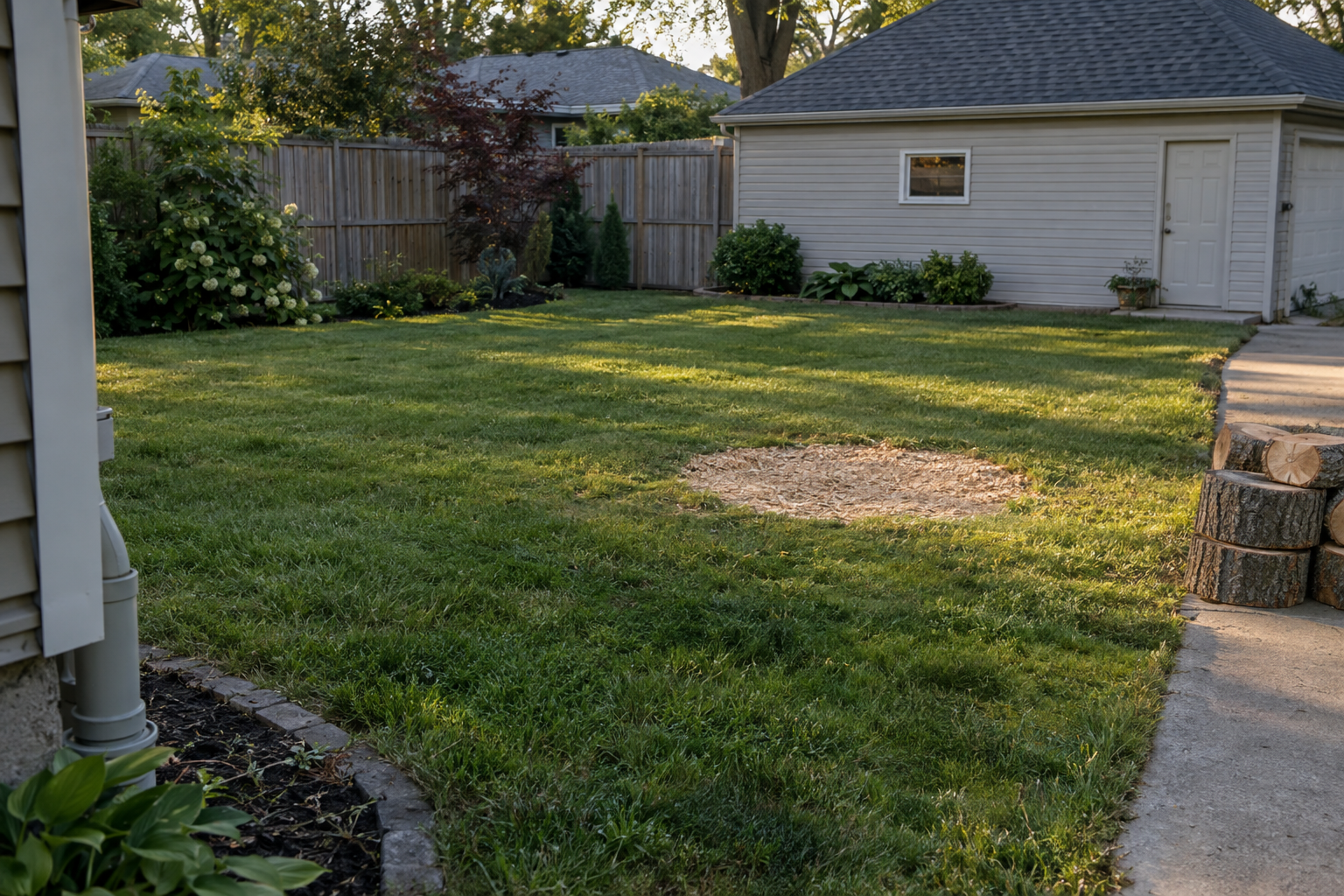 Back lawn after a tree removal with the stump ground flush and the grindings raked level