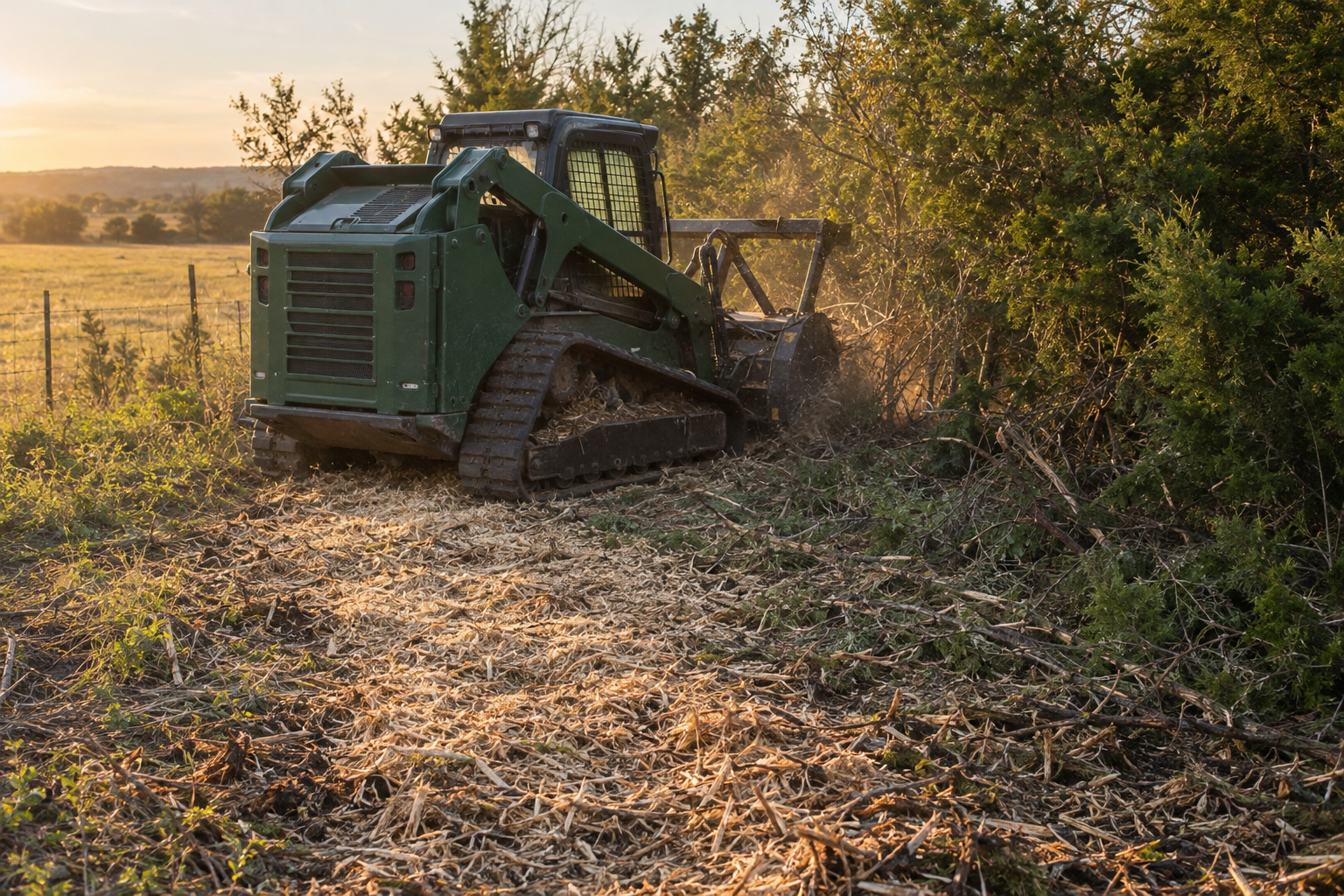 Tracked mulcher head grinding cedar scrub with a strip of fresh mulch behind it