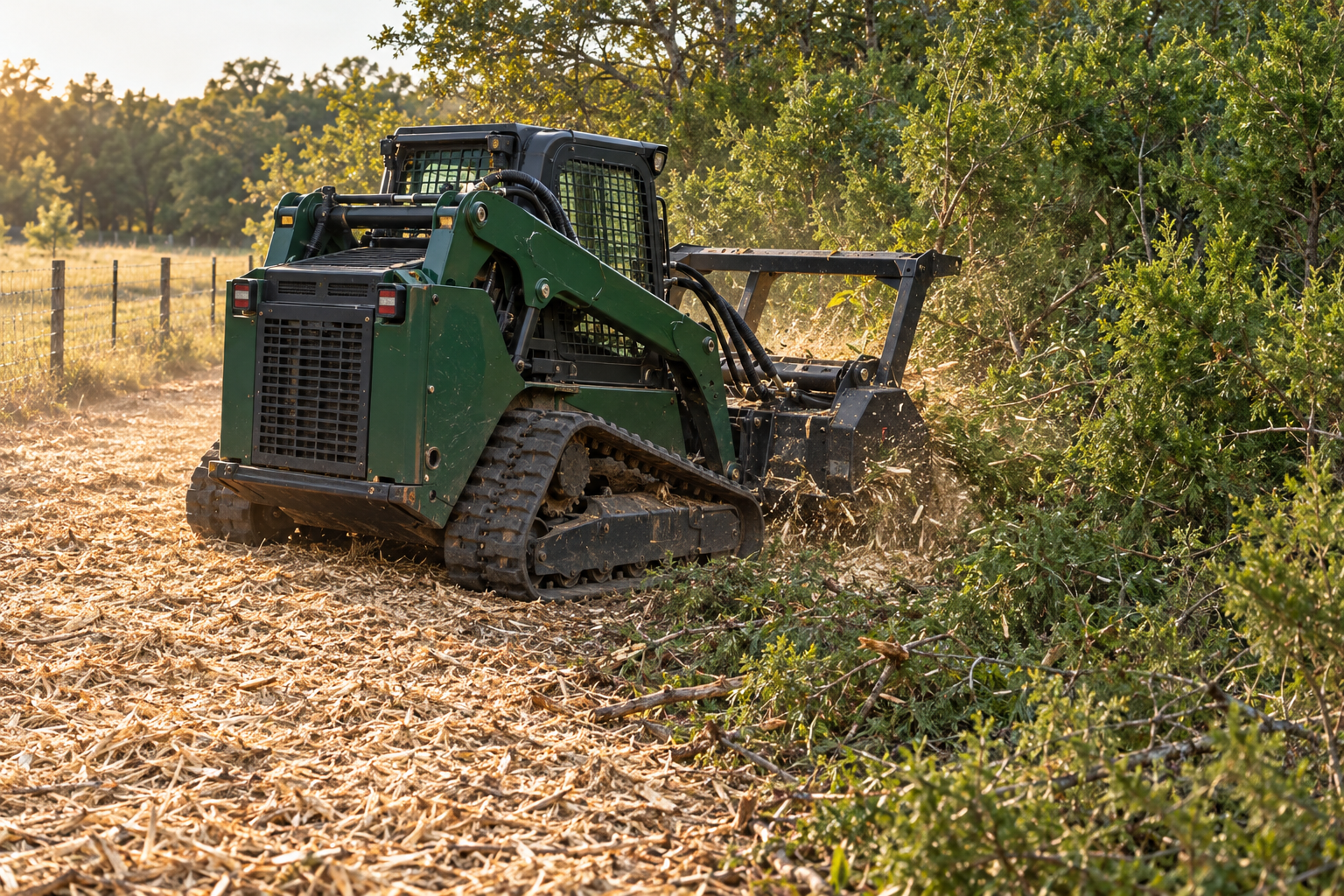 Tracked mulching machine grinding cedar scrub with a strip of fresh mulch behind it