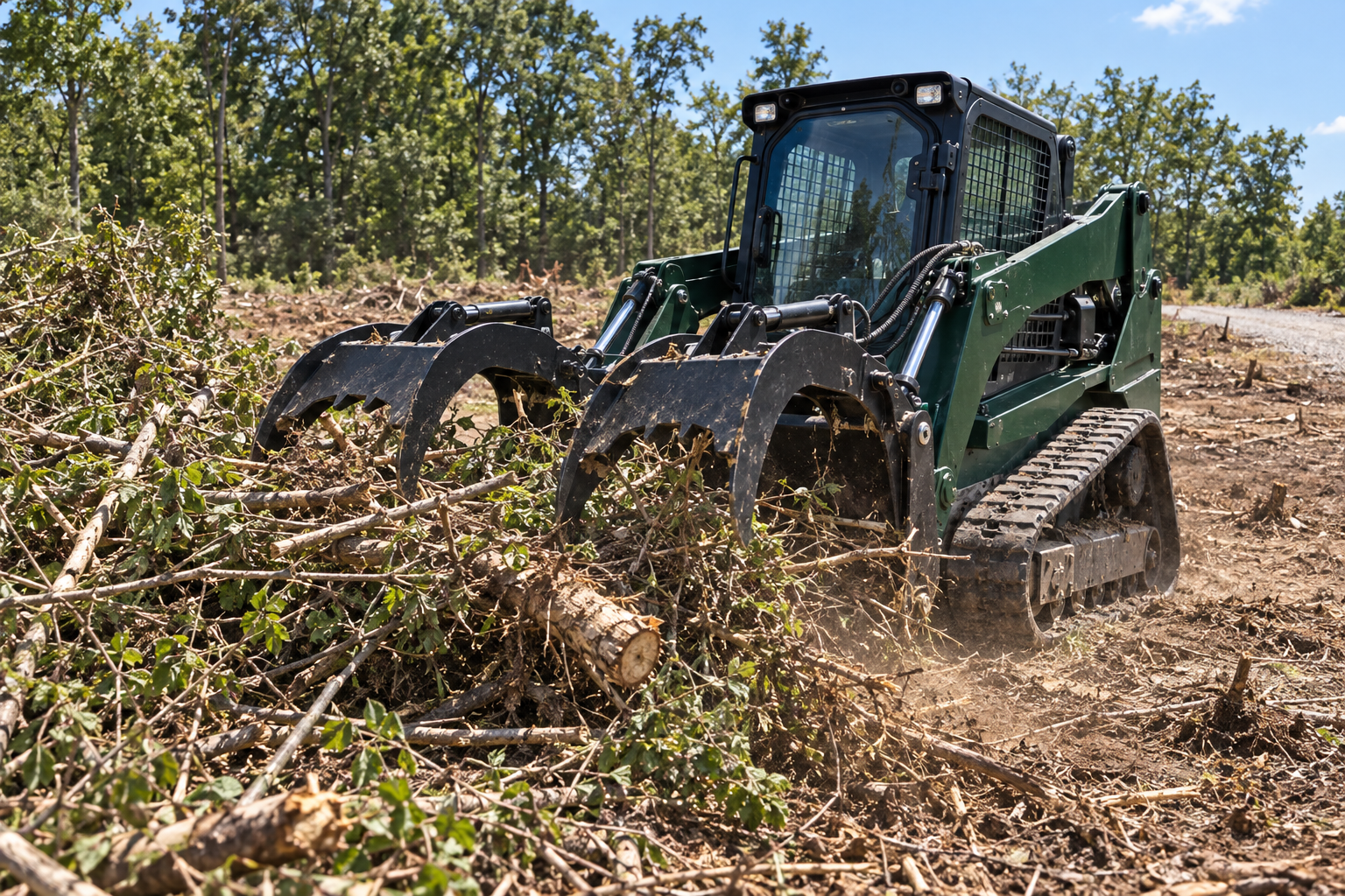 Compact track loader with a grapple pushing brush into a pile on a half-cleared lot