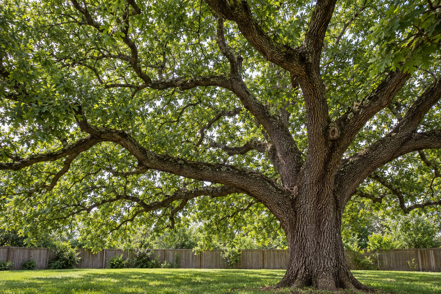 Spreading canopy of a mature oak seen from the lawn beneath it