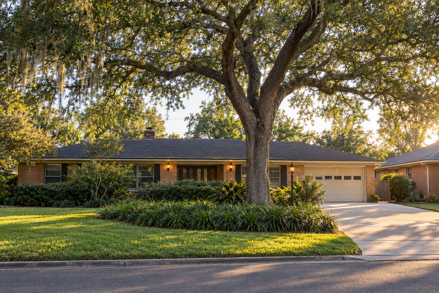 Mature oak with its lower canopy raised clear of a house roof and driveway, seen from the street
