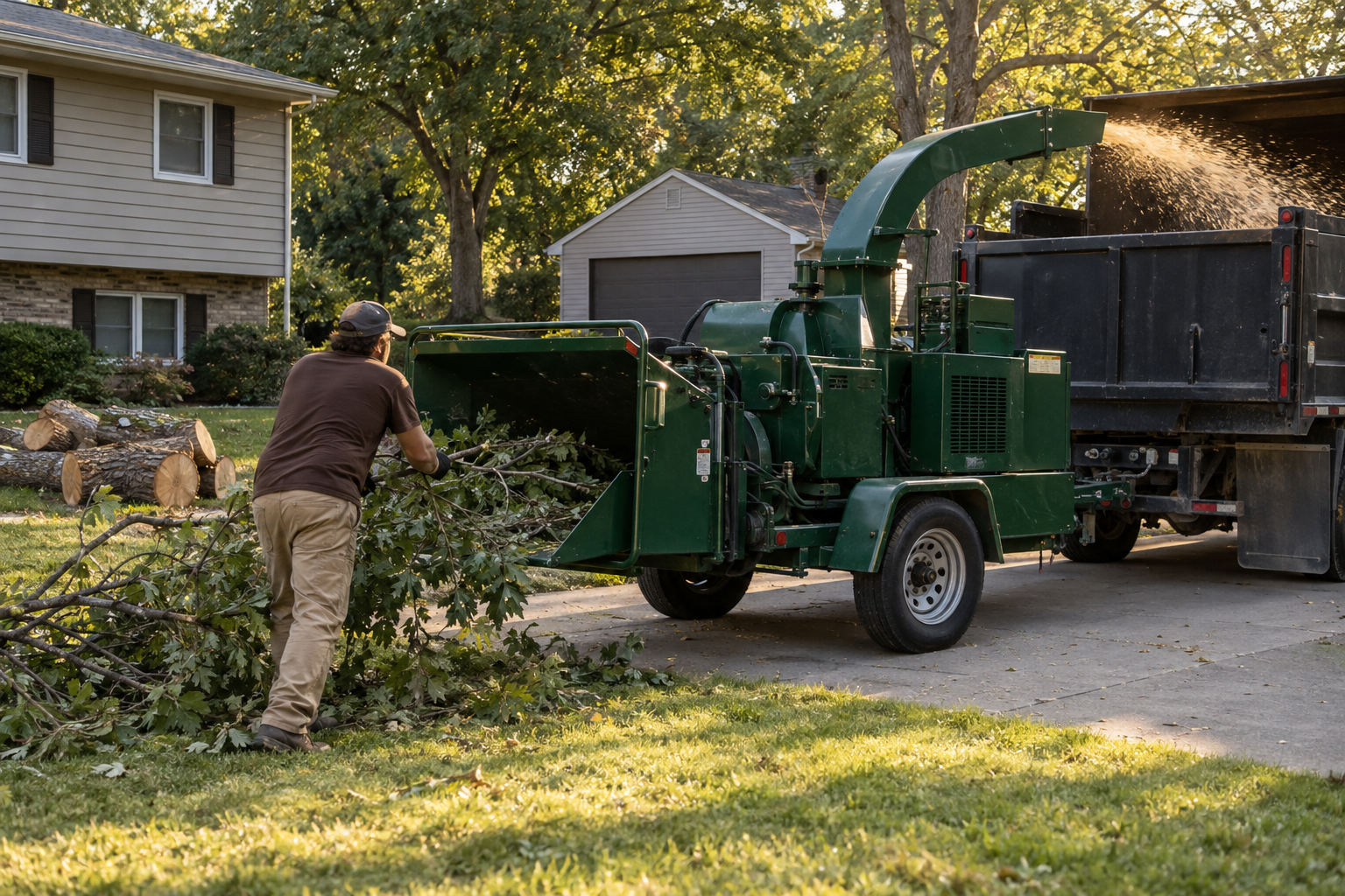 tree service crew taking down a large tree in a Raymore backyard