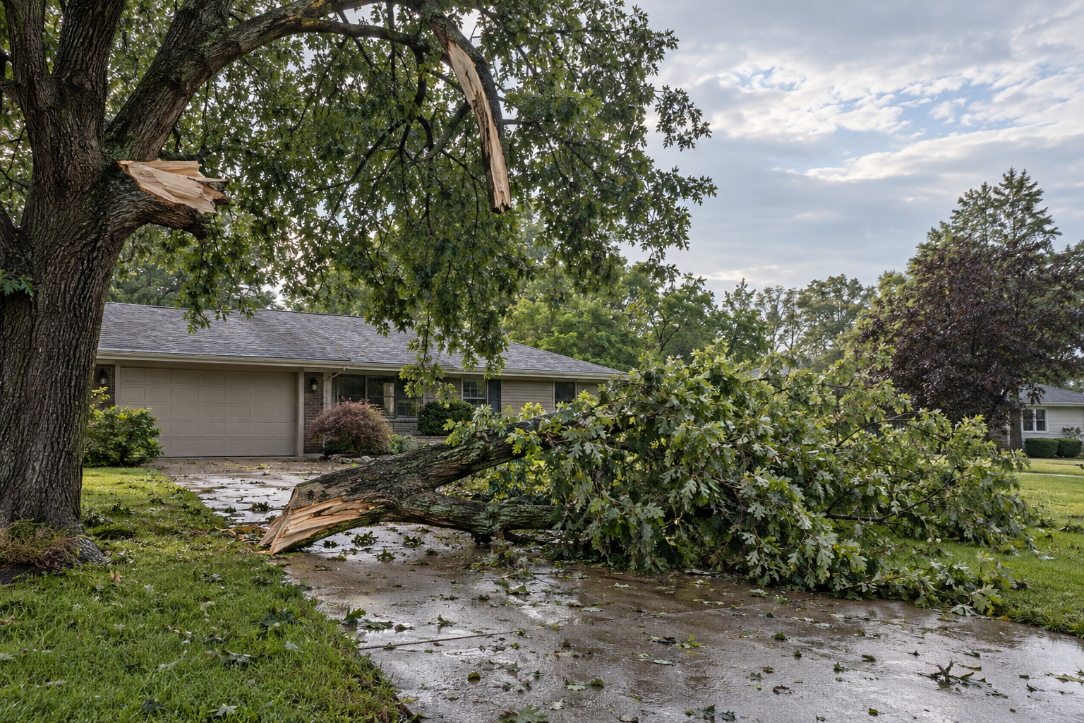 Storm-broken limb lying across a driveway with a second broken limb hanging in the tree above