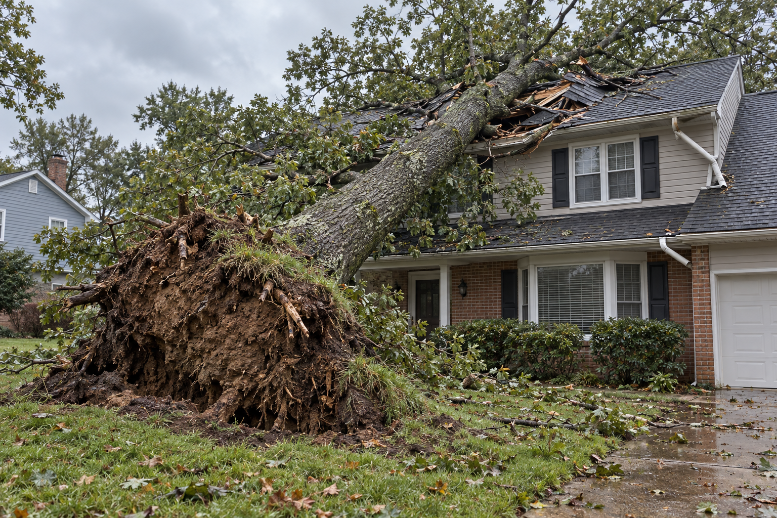 Uprooted tree lying across the shingle roof of a two-story house after a storm