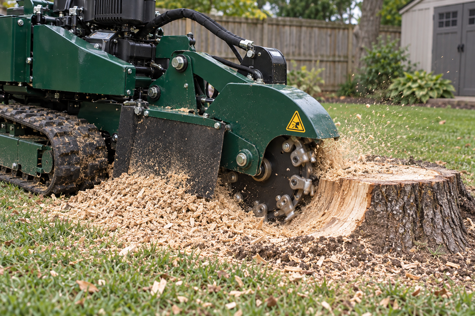 Stump grinder cutter wheel buried in a wide hardwood stump in a back lawn