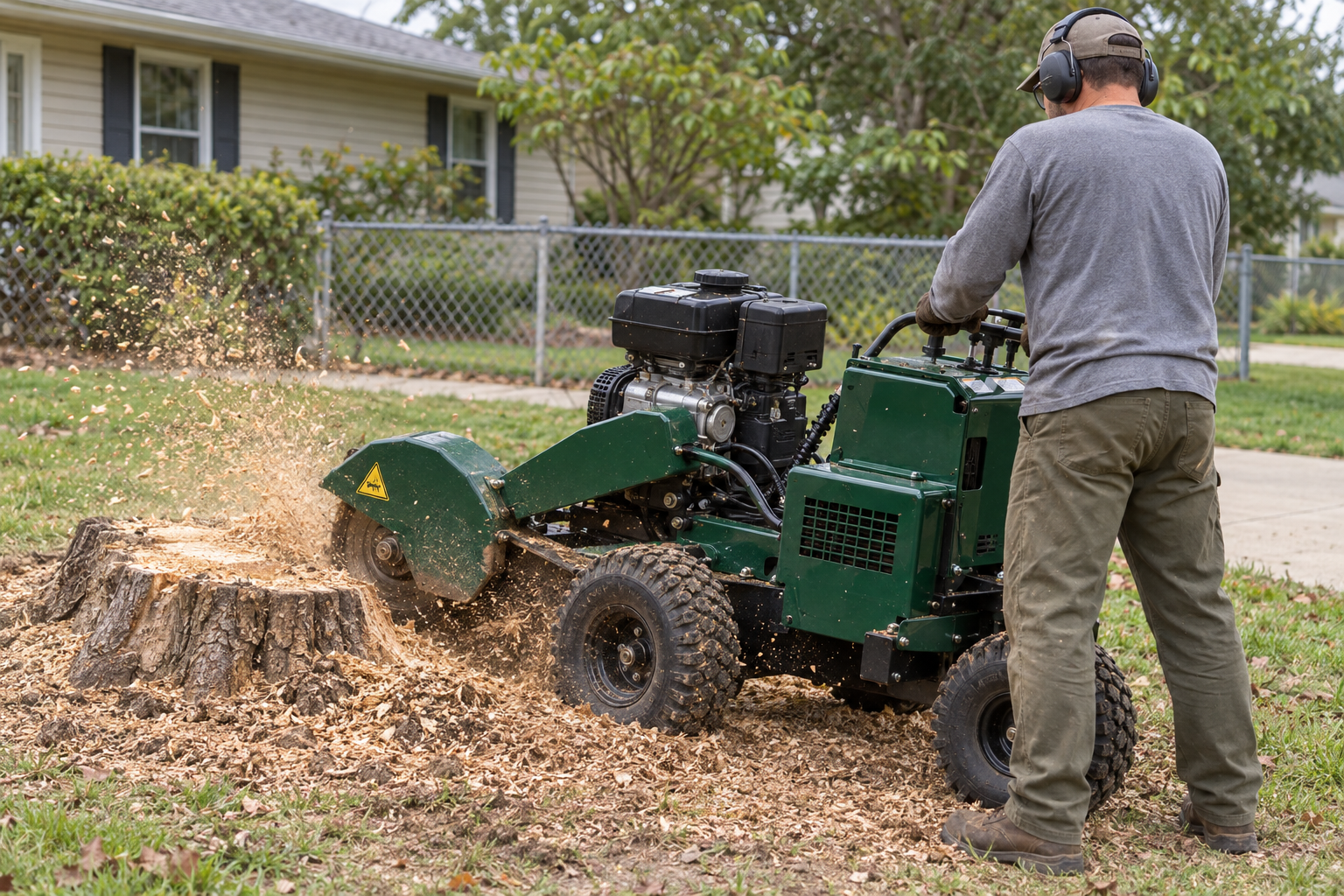 stump grinder cutting a tree stump below the lawn