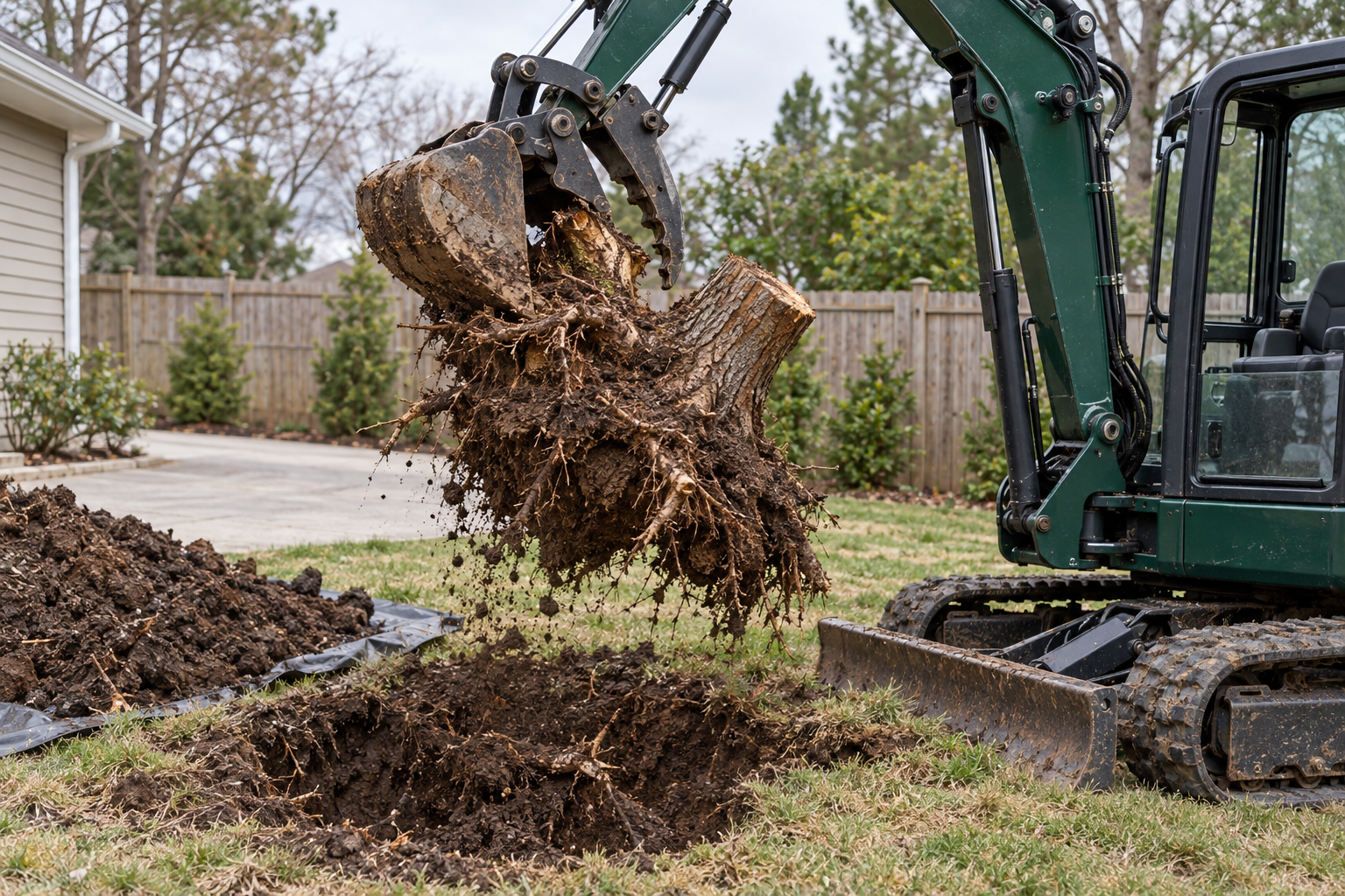 Mini excavator lifting a stump and its root ball out of a hole beside a concrete drive