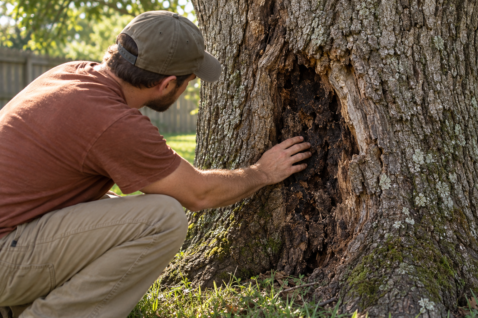 Hand pressed against a decay cavity in the trunk of a mature oak
