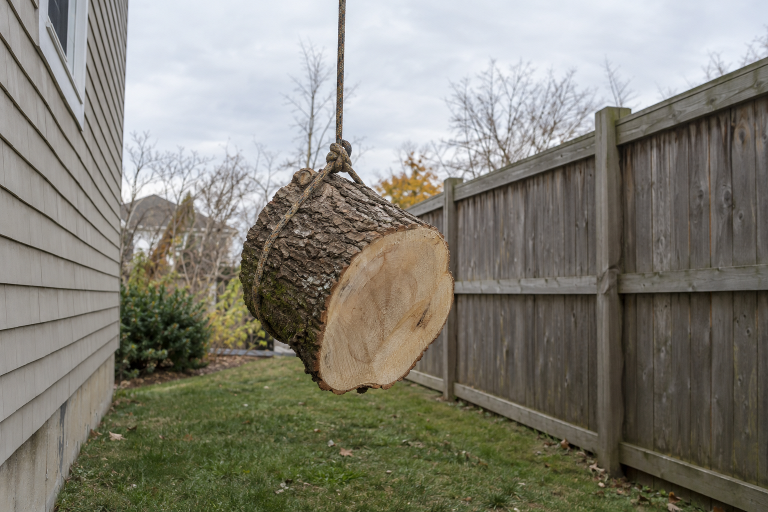 Cut trunk section hanging from a rigging rope just above a lawn beside a wooden privacy fence