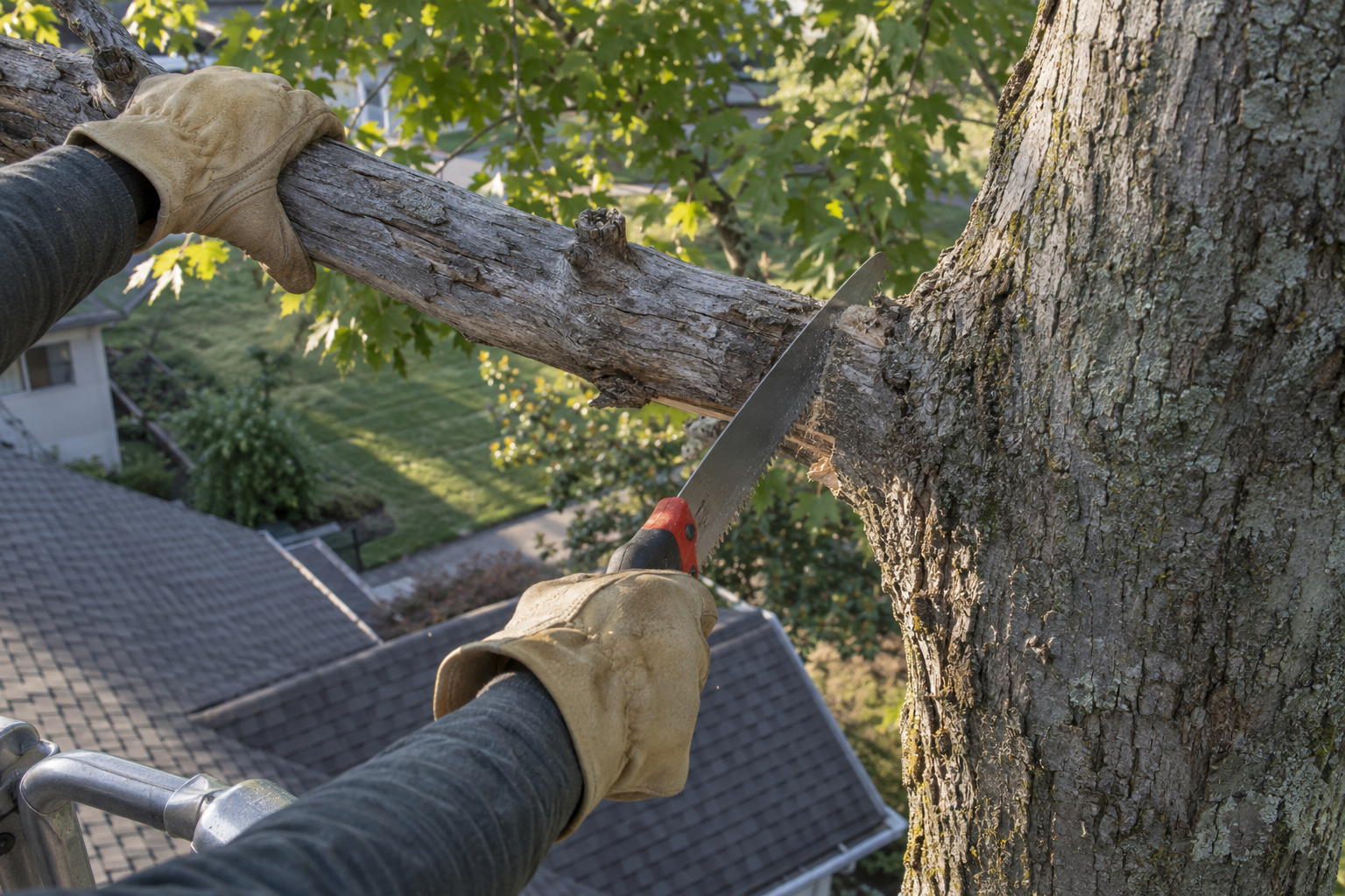 Gloved hands making a handsaw cut at the branch collar of a dead maple limb over a shingle roof