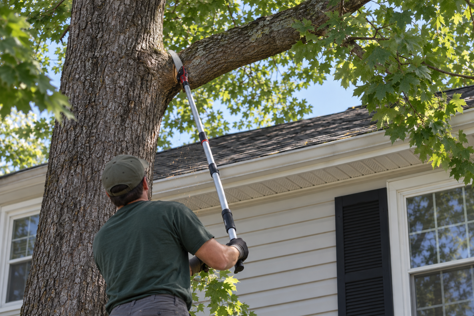 Pole saw cutting a maple limb at the branch collar where it overhangs a shingle roof