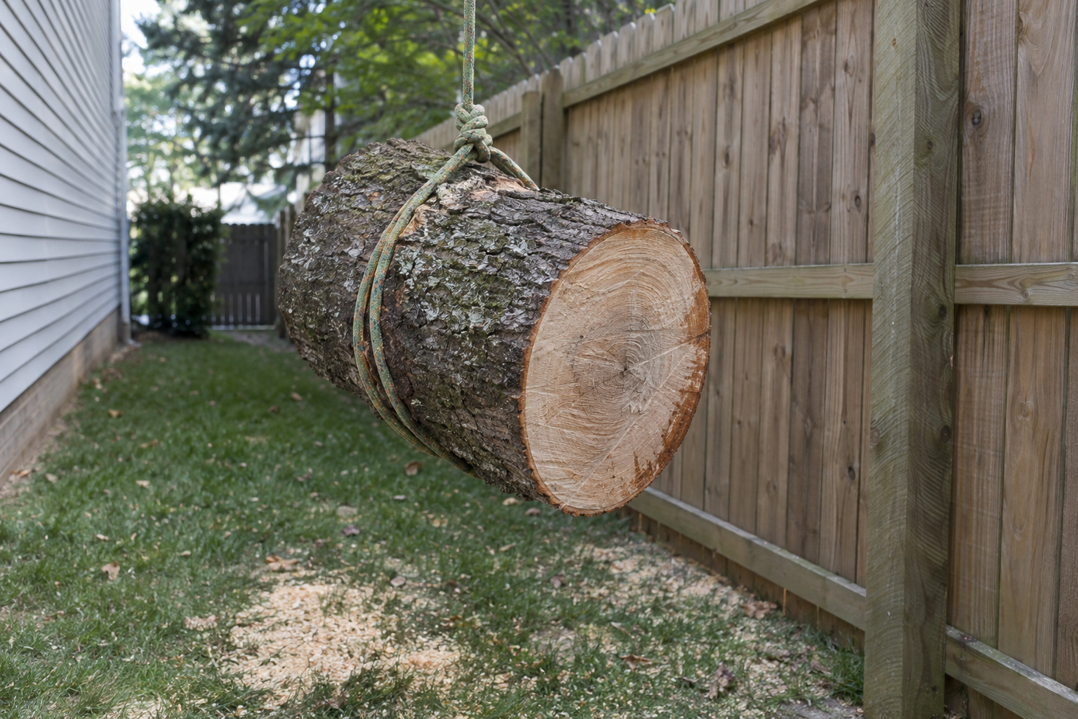 tree removal trunk section lowered on a rope