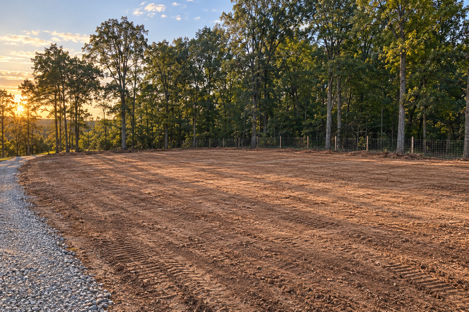 Cleared and graded lot with a line of mature trees kept standing along its far edge