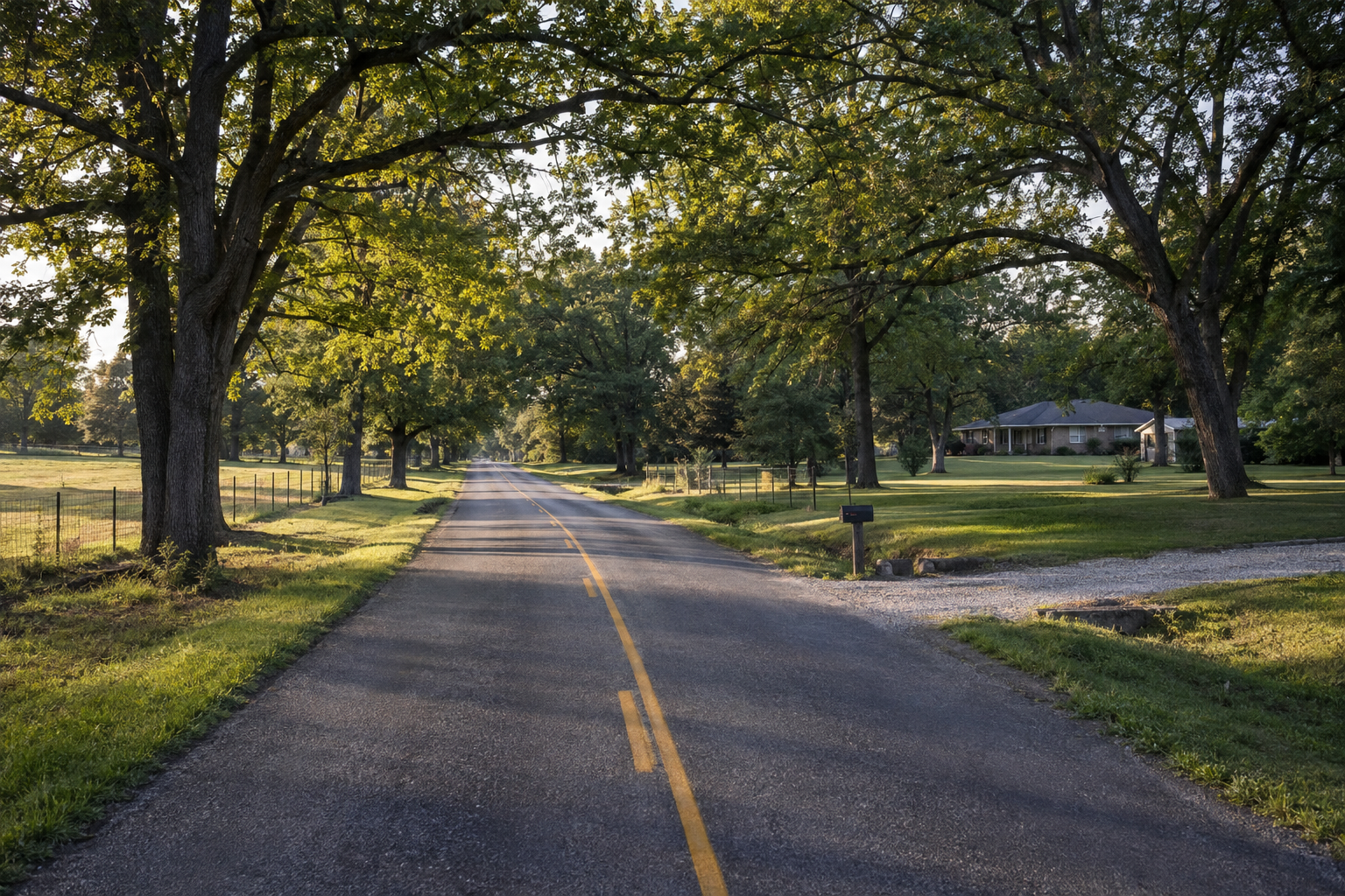 Two-lane country road lined with mature oaks running past small acreage lots with gravel drives and a ranch house set back from the road