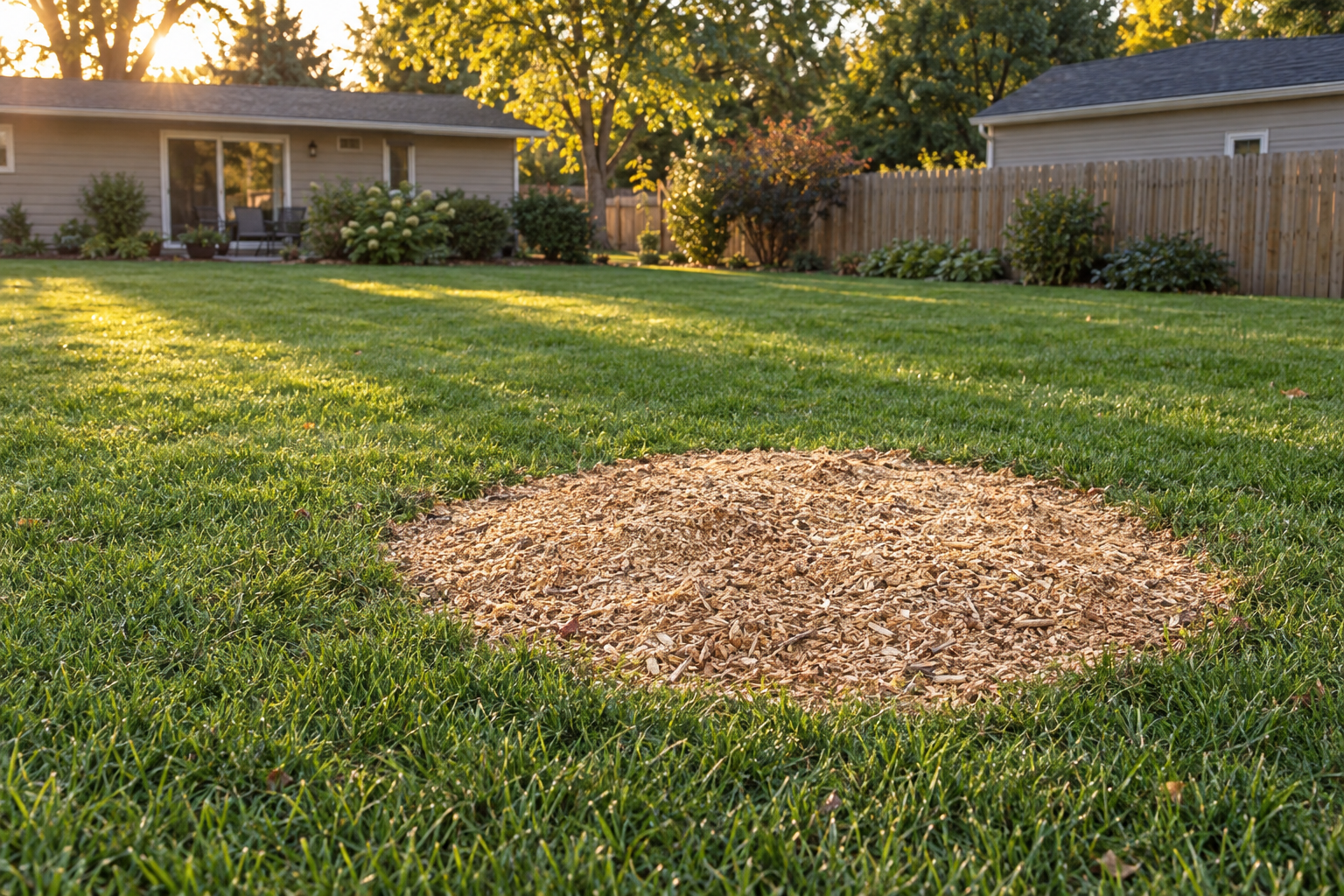 Ground-out stump filled level with wood grindings in a lawn at evening