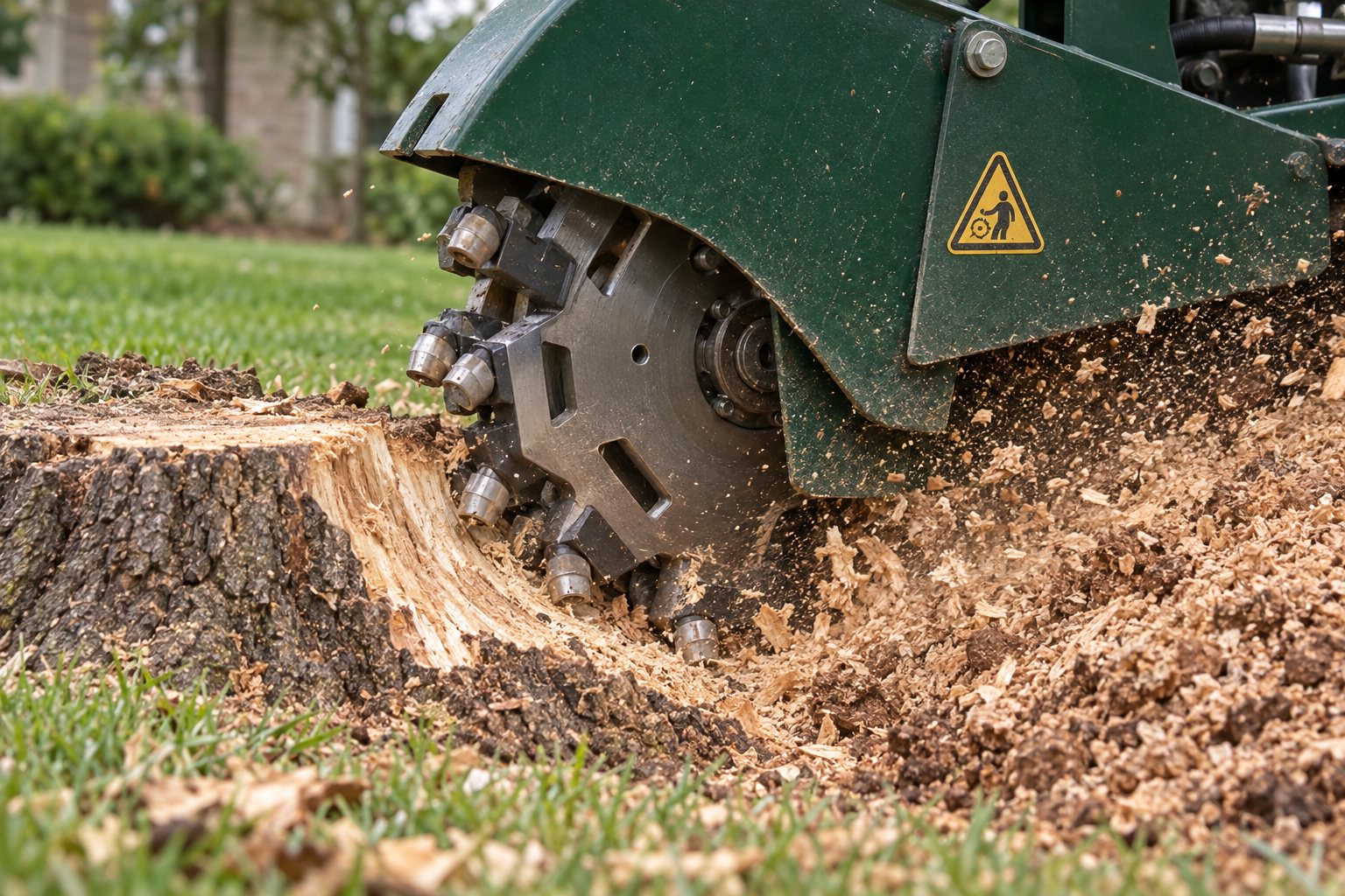 stump grinding machine on a tree stump in a Raymore lawn