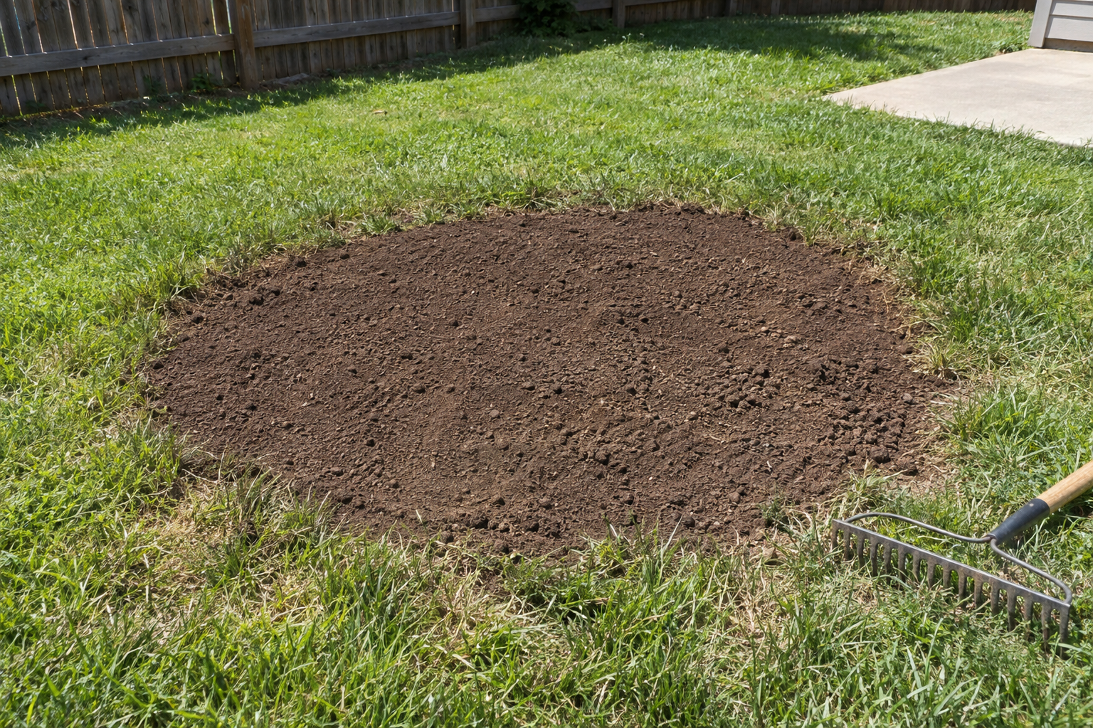 Raked patch of fresh topsoil filling a stump hole, level with the lawn around it