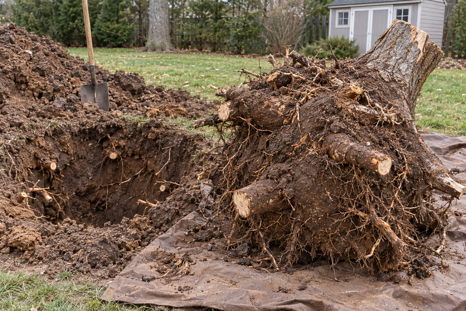 stump removal of a dug-out stump and root ball in a Raymore yard