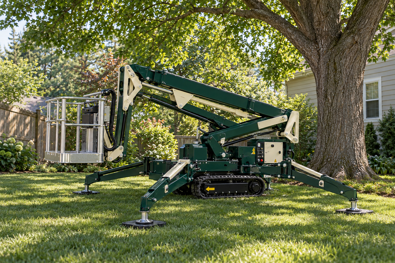 Tracked spider lift set up on a back lawn under a large tree with its outriggers down on the grass