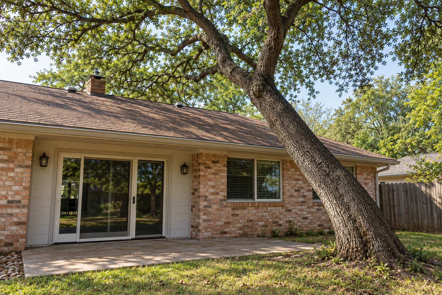 tall tree leaning over a house roof