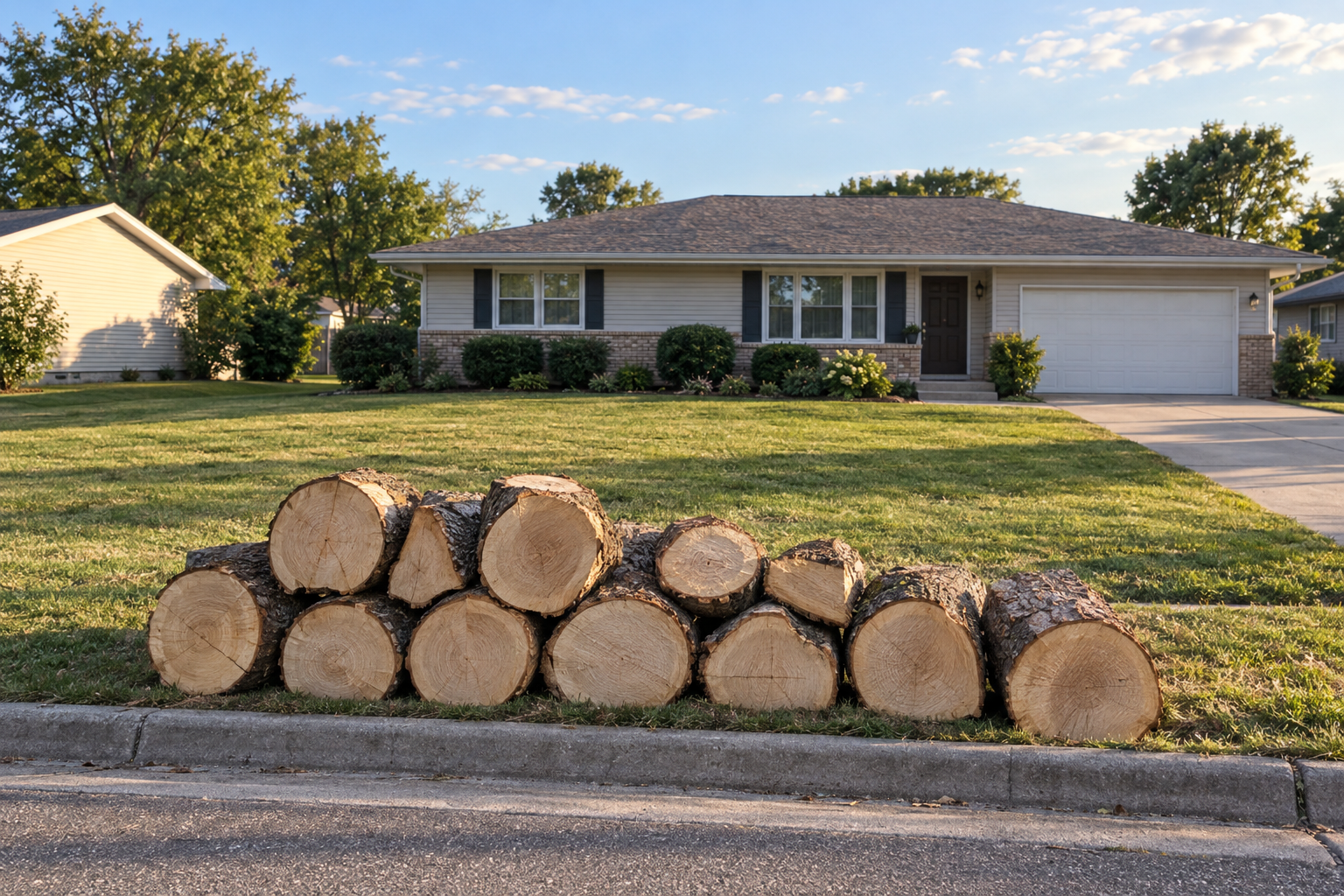 Fresh-cut trunk rounds stacked at the curb in front of a raked lawn where a large tree stood