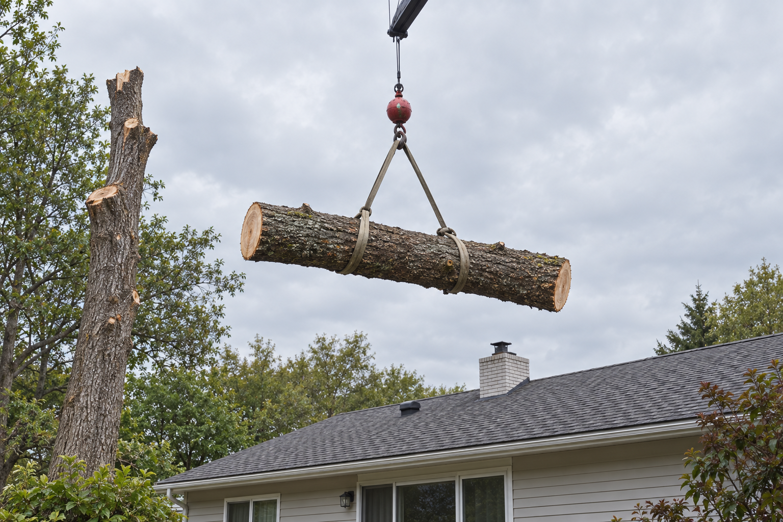 Trunk section hanging from a crane hook in slings, lifted clear above a house roofline