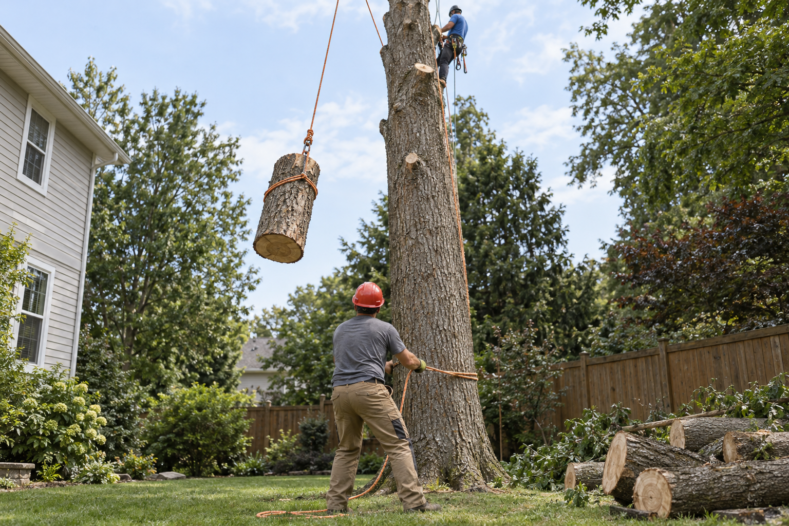 tree removal crew lowering a trunk section in a Raymore yard