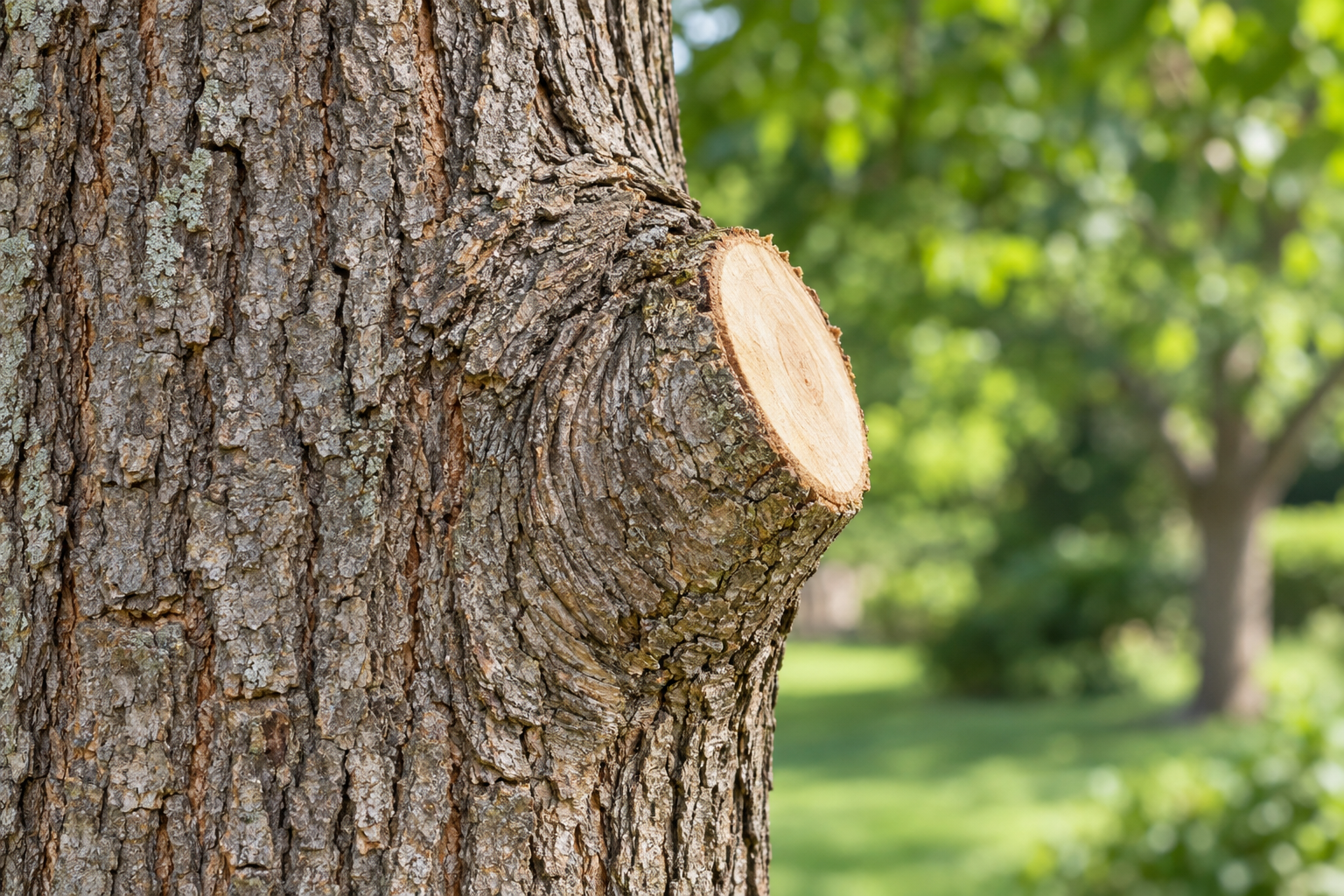 Fresh pruning cut just outside the branch collar on a hardwood trunk