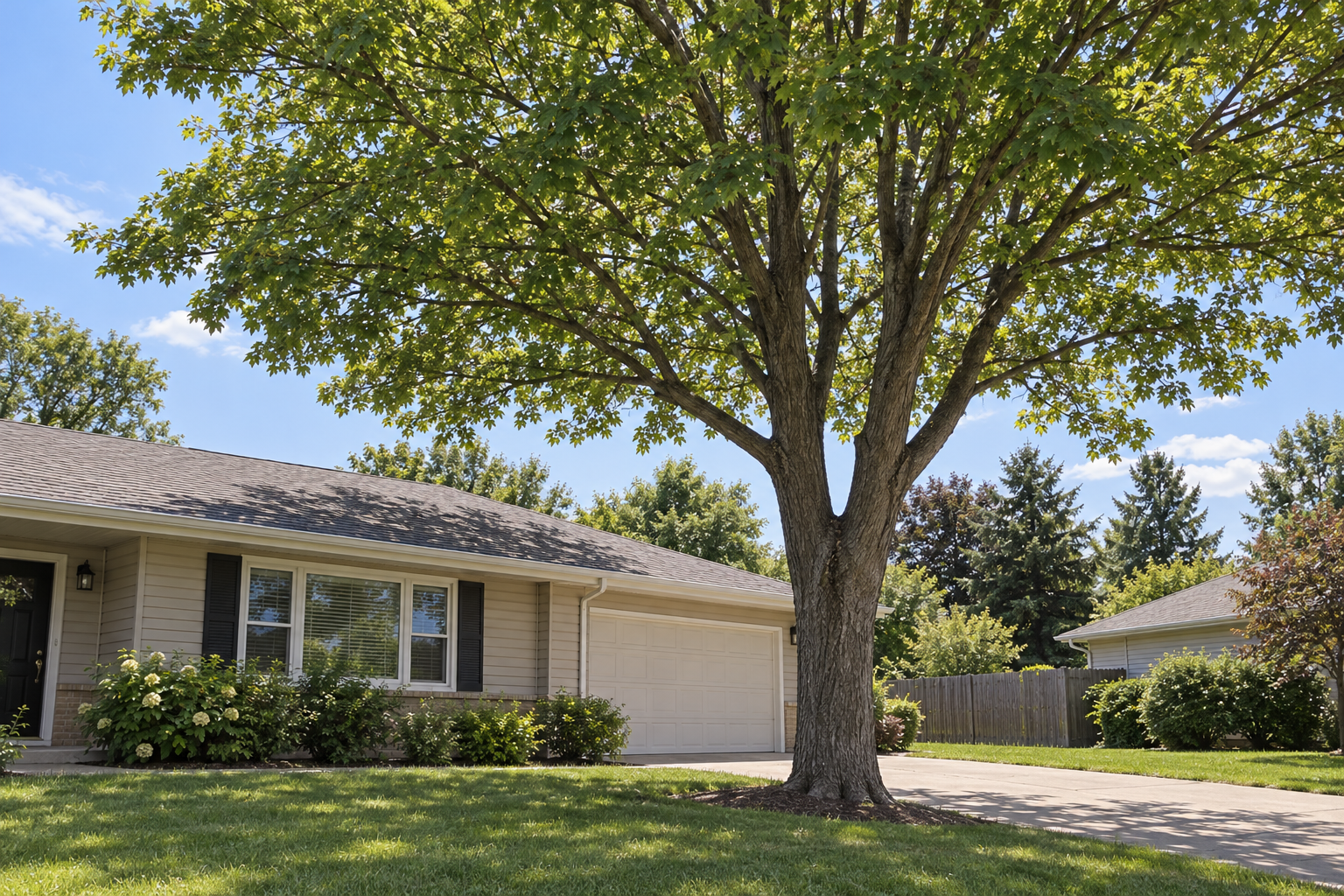 tree trimming a limb over a house roof in Raymore